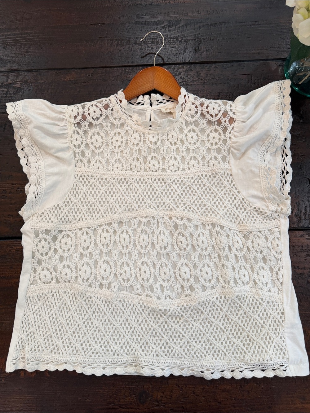 Jennifer & Grace White Lace Crochet Cottagecore Boho Cap Ruffle Sleeve Top L